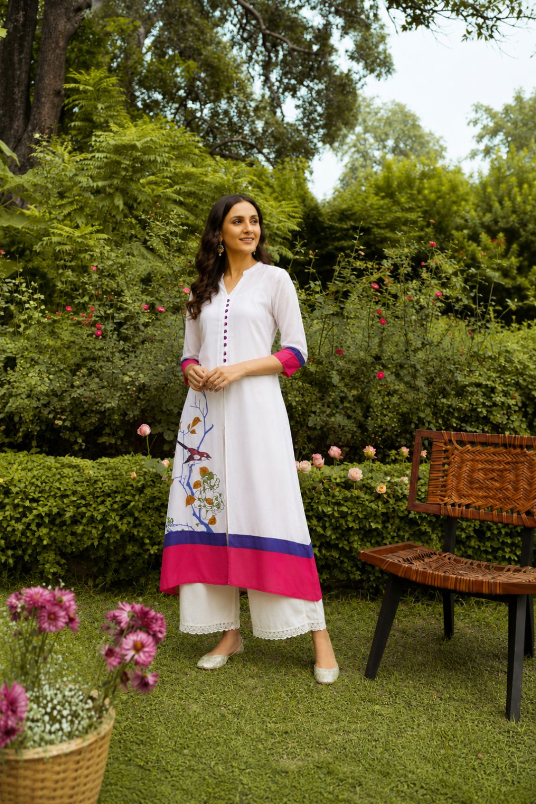 White Printed A-Line Rayon Kurta