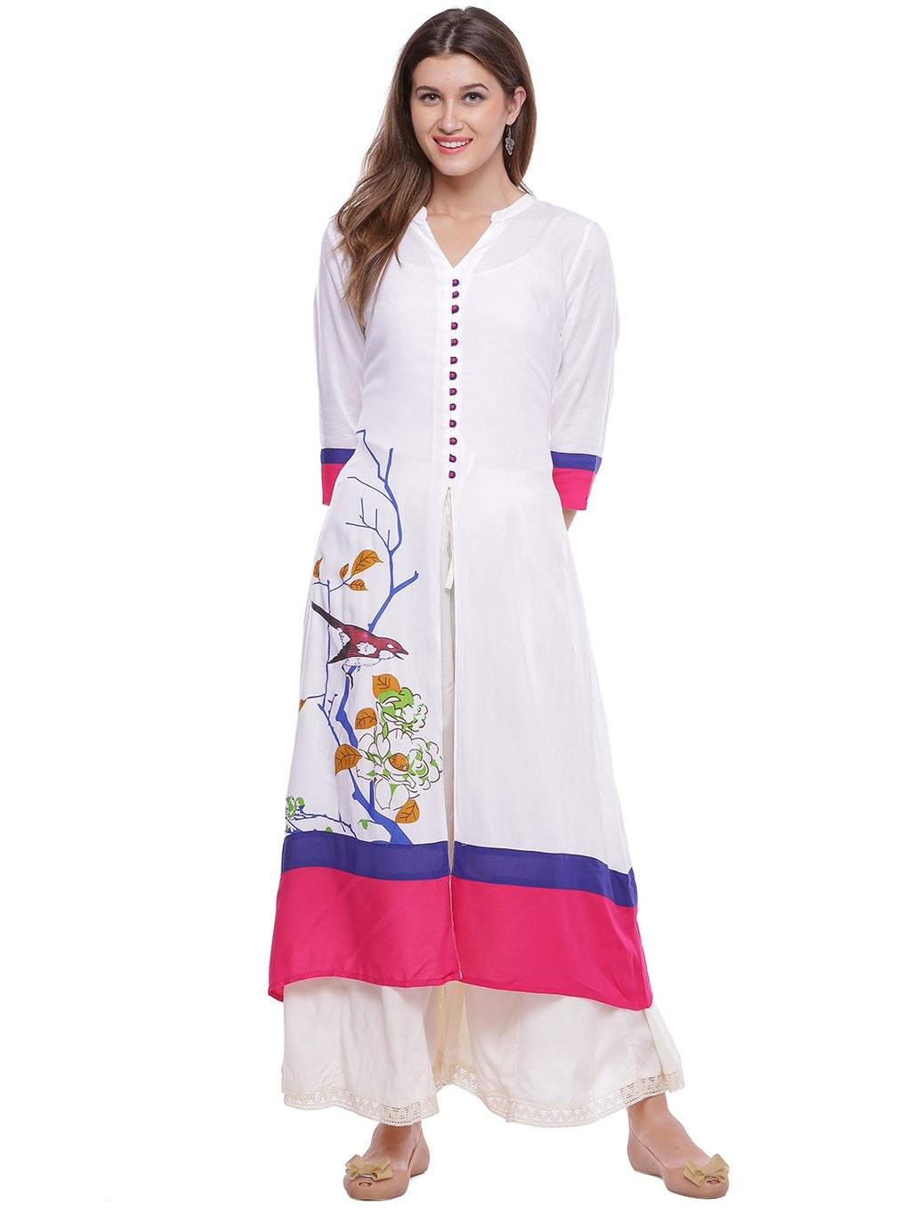 White Printed A-Line Rayon Kurta