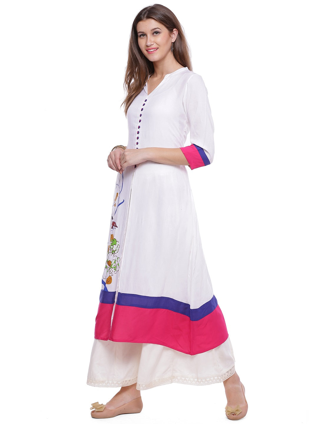White Printed A-Line Rayon Kurta