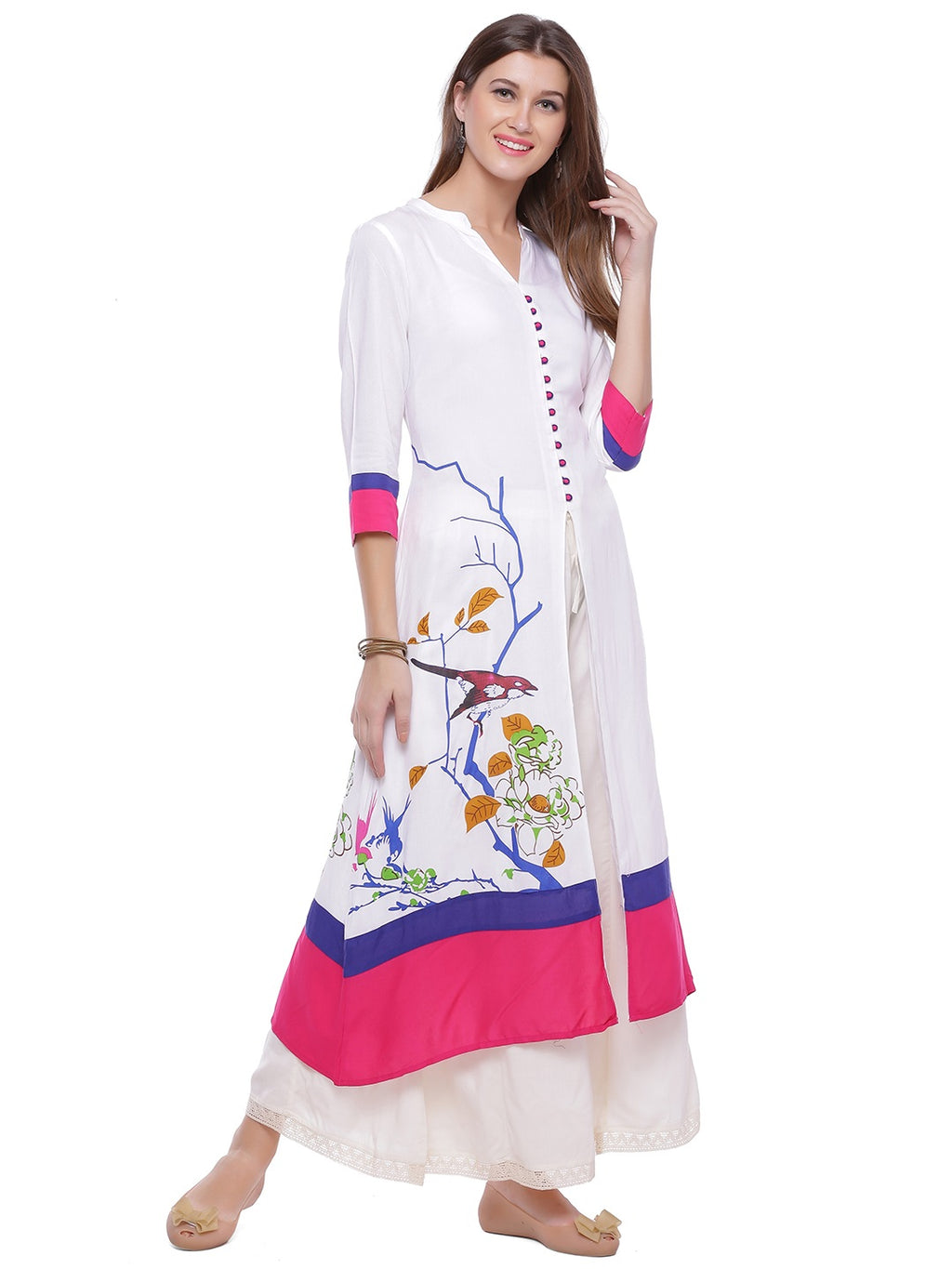 White Printed A-Line Rayon Kurta