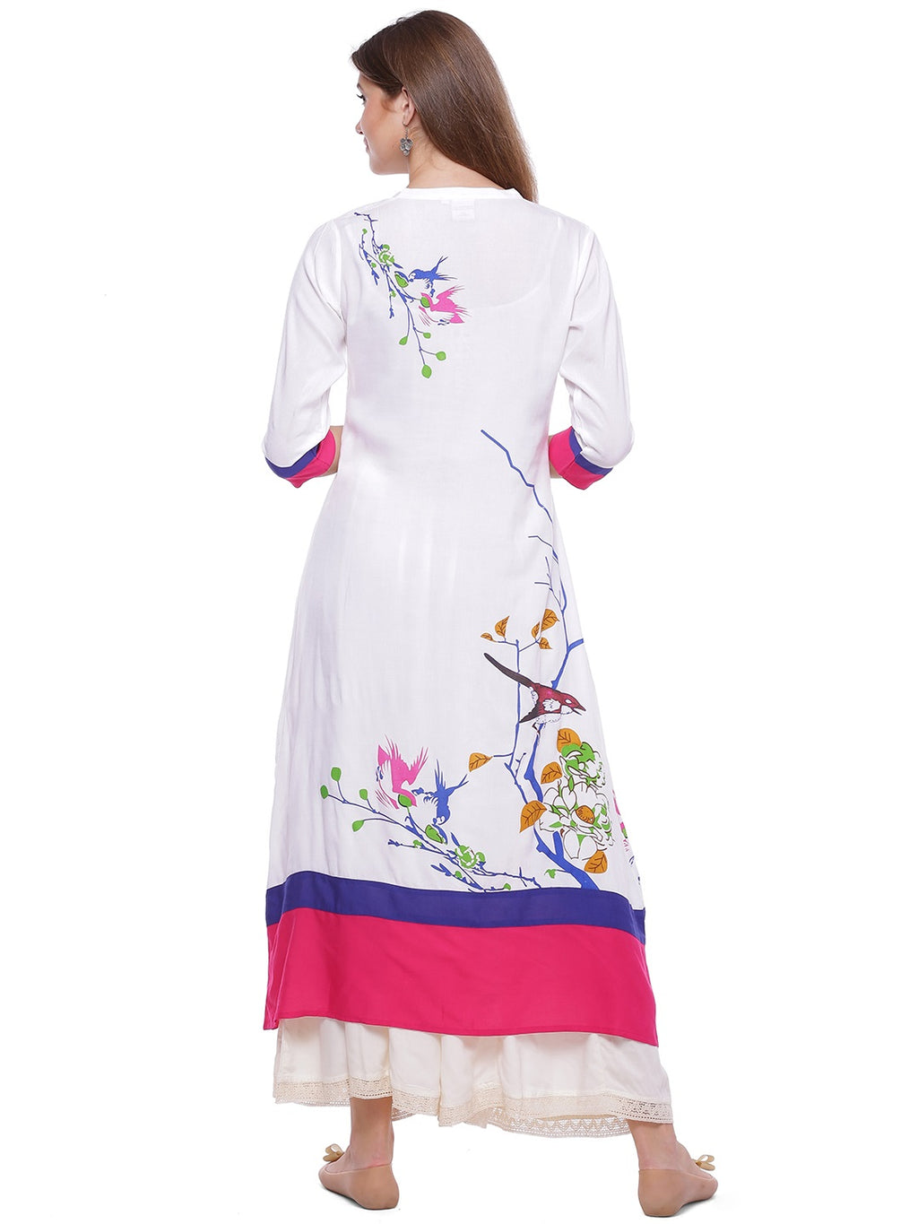 White Printed A-Line Rayon Kurta