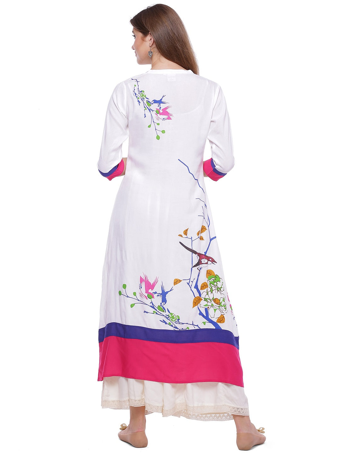 White Printed A-Line Rayon Kurta