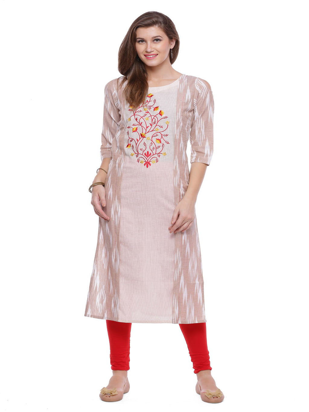 Cream & Beige Embroidered Straight Kurta