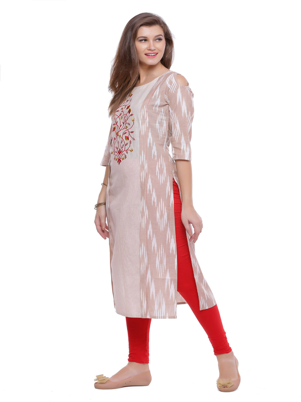 Cream & Beige Embroidered Straight Kurta