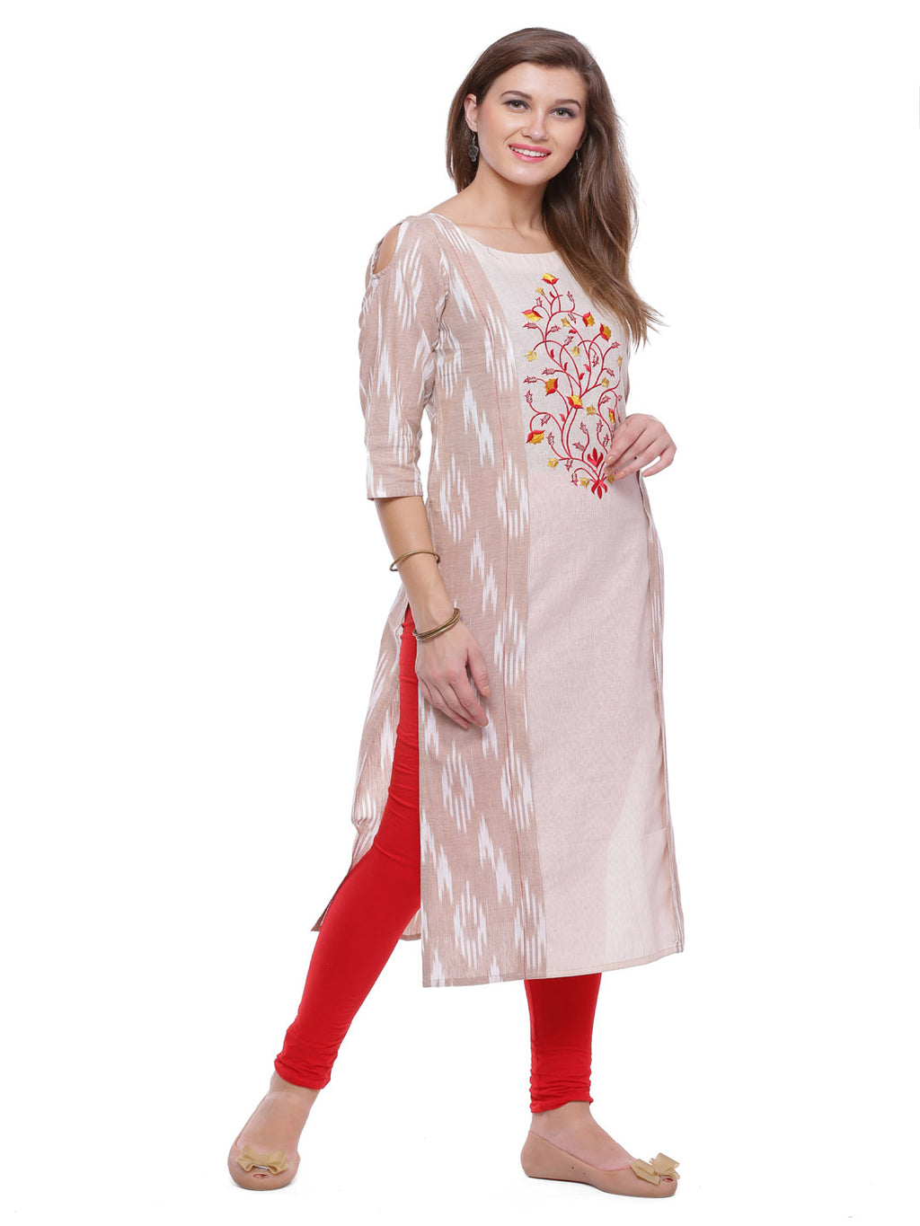 Cream & Beige Embroidered Straight Kurta