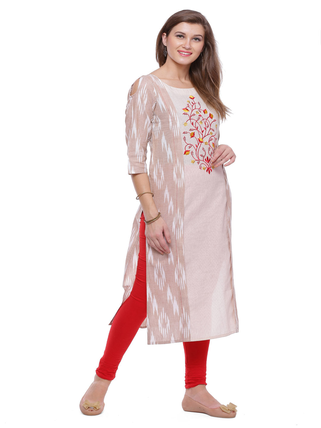 Cream & Beige Embroidered Straight Kurta