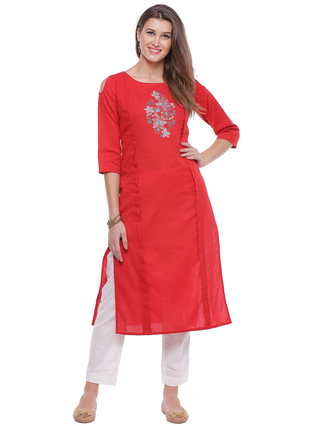 Red Hand Embroidered Straight Pure Cotton Kurta