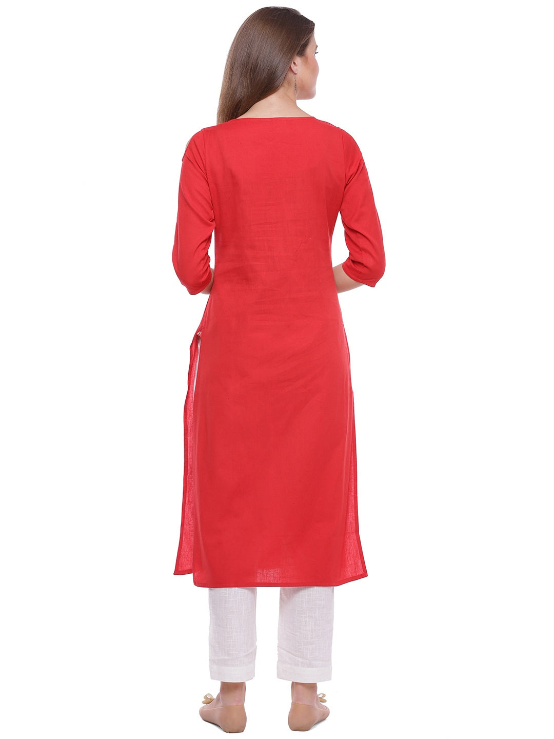 Red Hand Embroidered Straight Pure Cotton Kurta