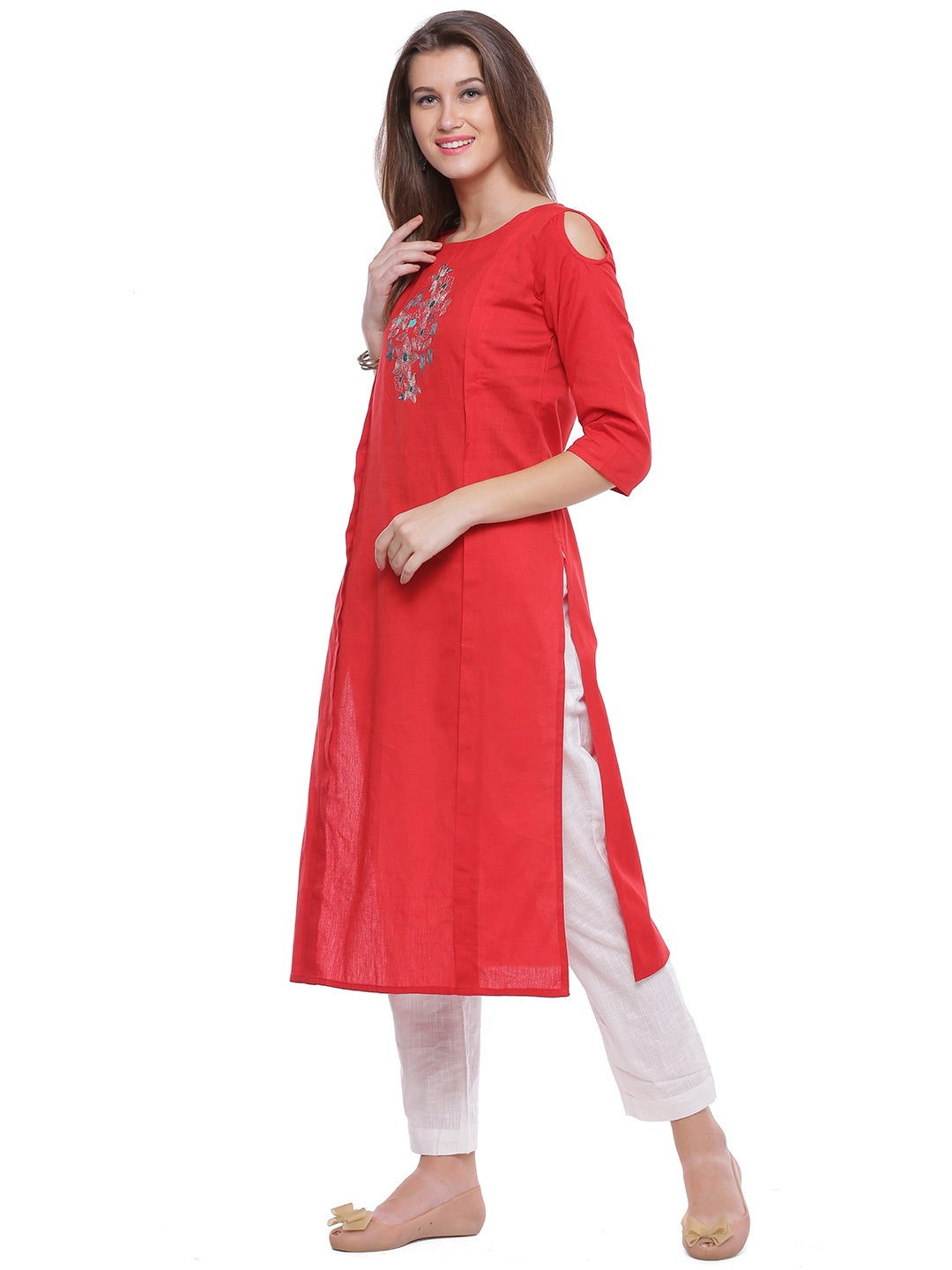 Red Hand Embroidered Straight Pure Cotton Kurta