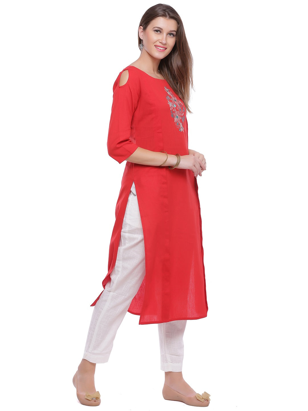 Red Hand Embroidered Straight Pure Cotton Kurta
