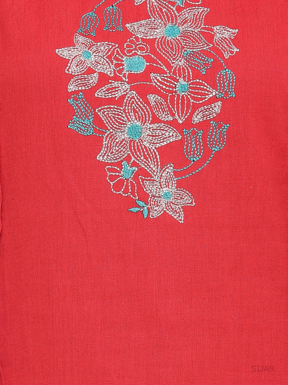Red Hand Embroidered Straight Pure Cotton Kurta