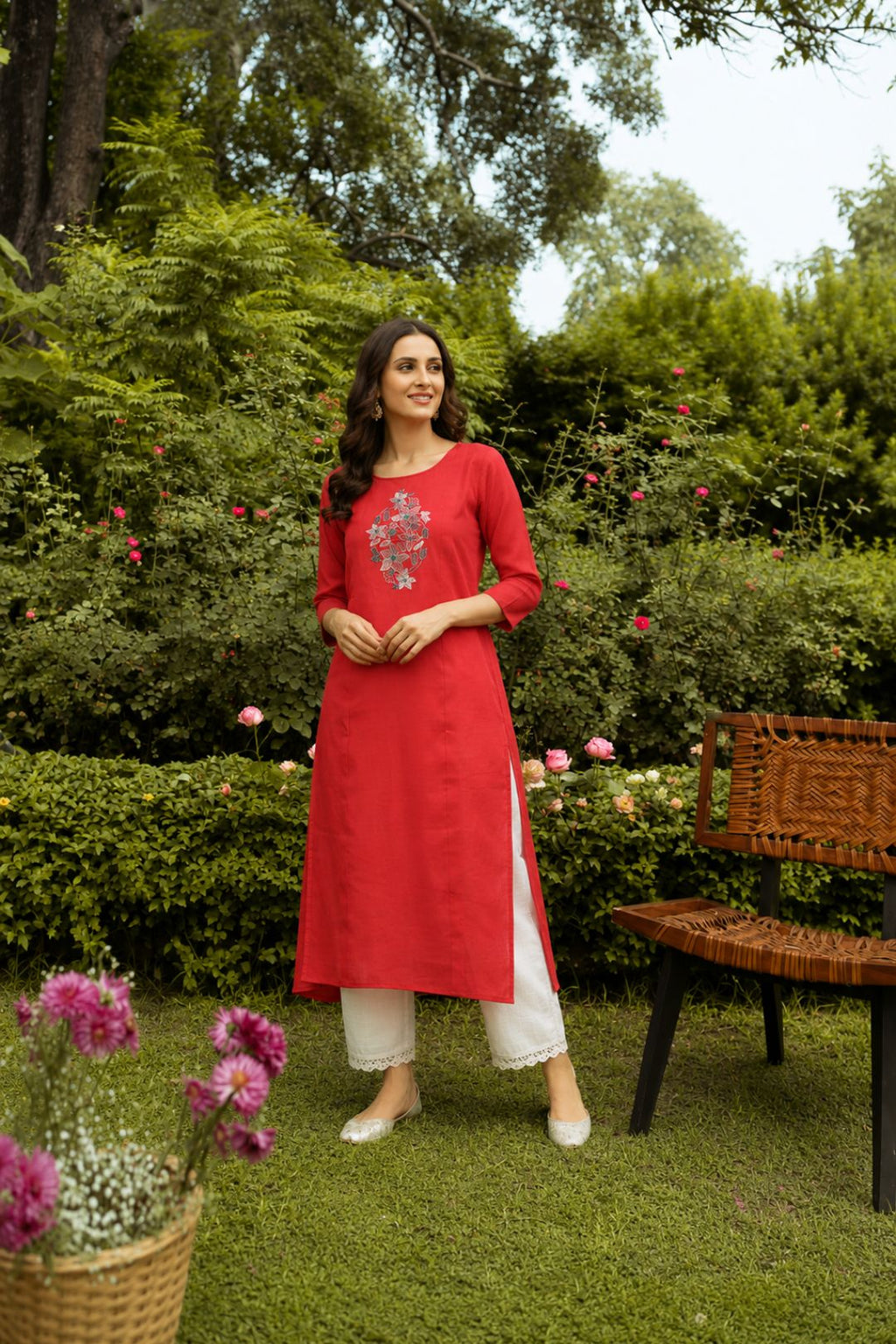 Red Hand Embroidered Straight Pure Cotton Kurta