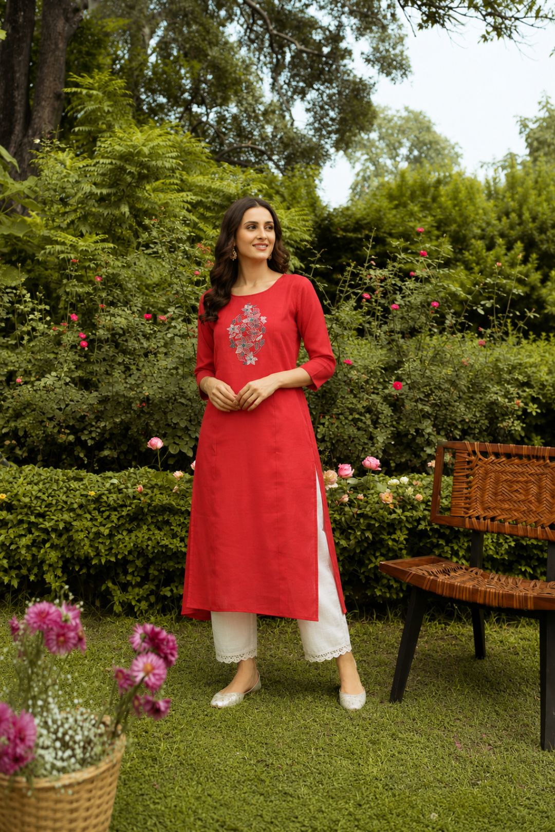 Red Hand Embroidered Straight Pure Cotton Kurta