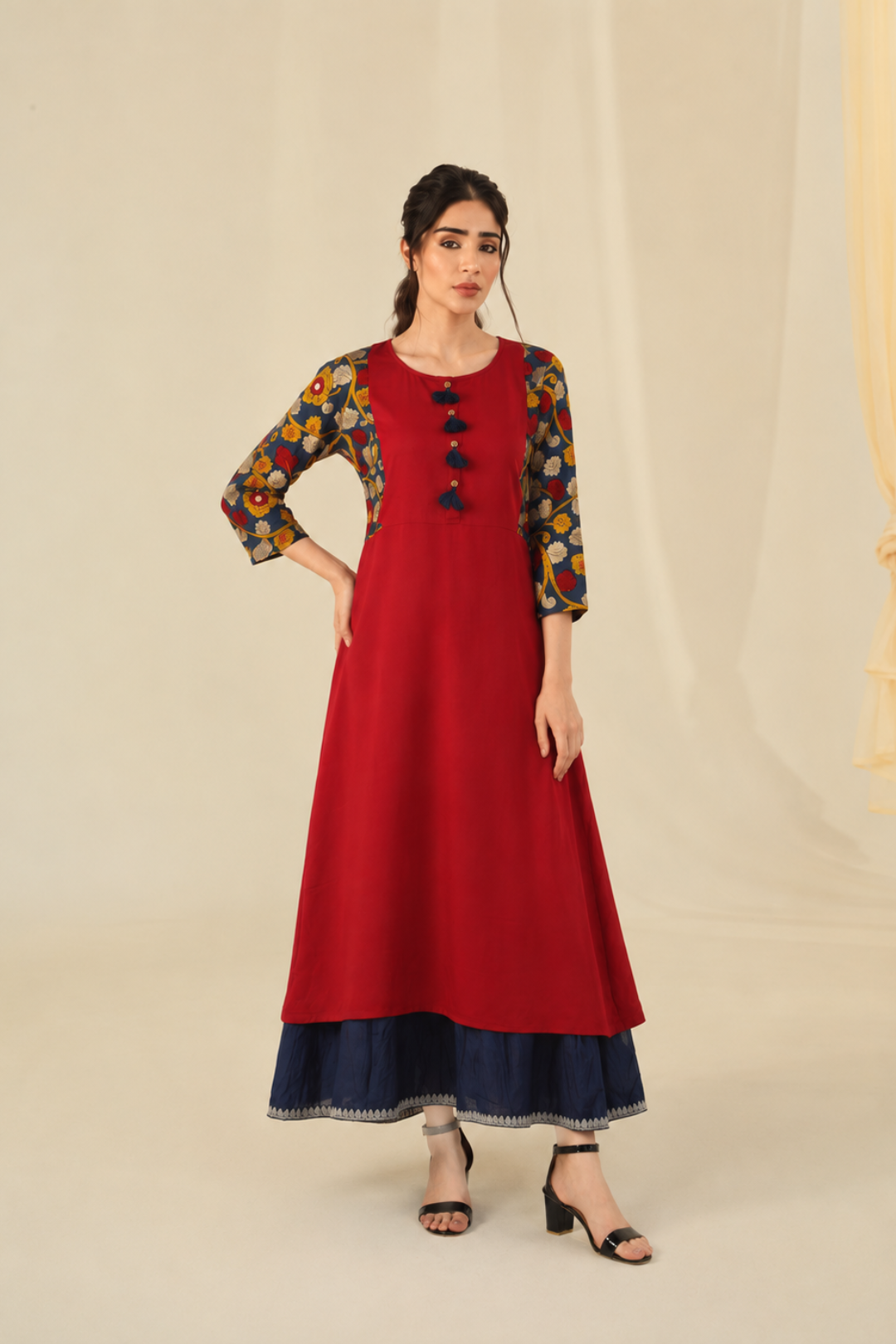 Red & Blue Kalamkari Hand Block Printed Rayon Sustainable Kurta