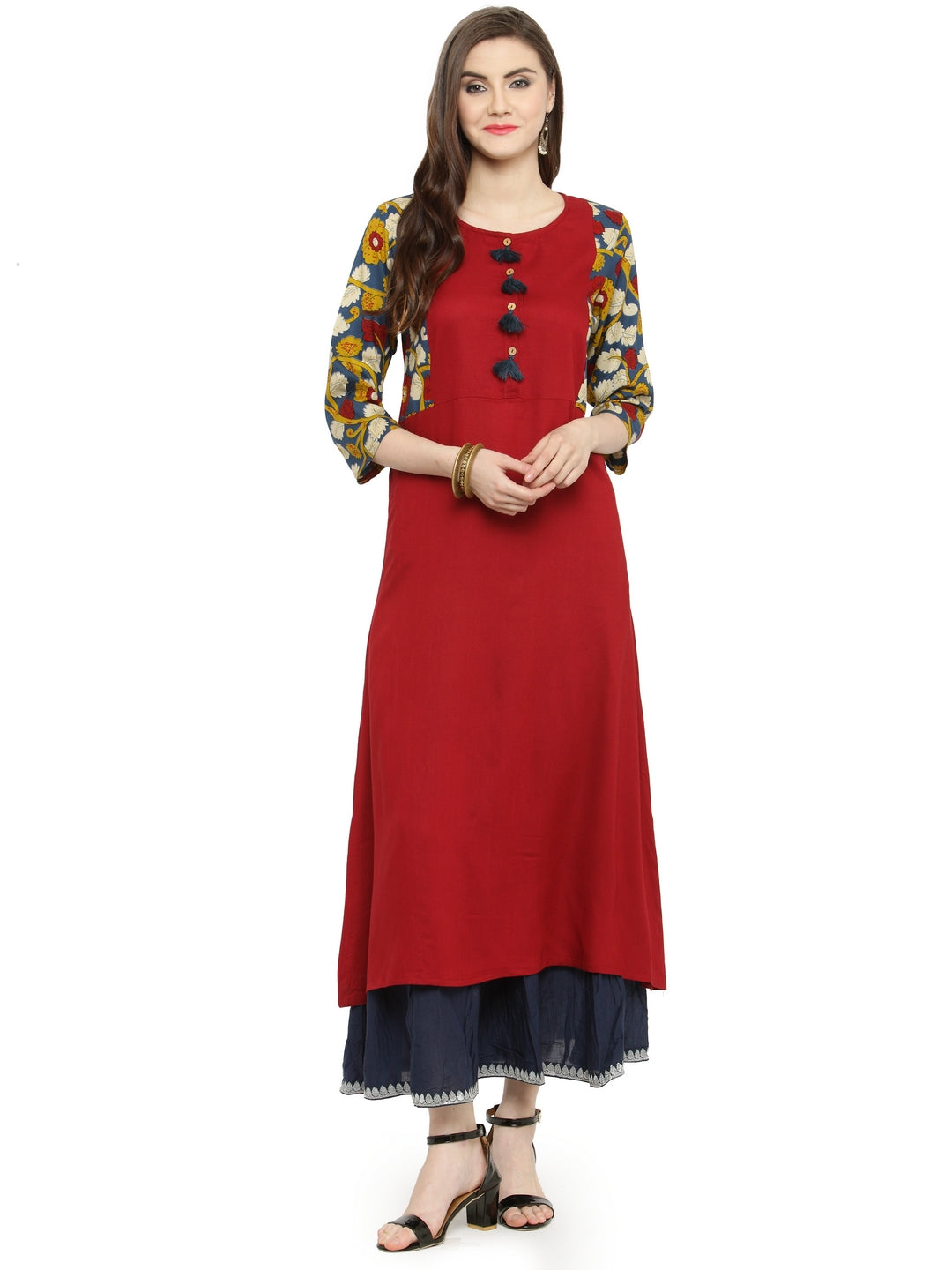 Red & Blue Kalamkari Hand Block Printed Rayon Sustainable Kurta