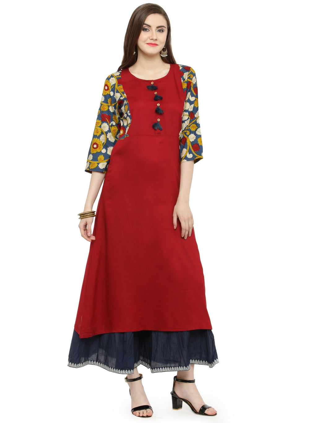Red & Blue Kalamkari Hand Block Printed Rayon Sustainable Kurta