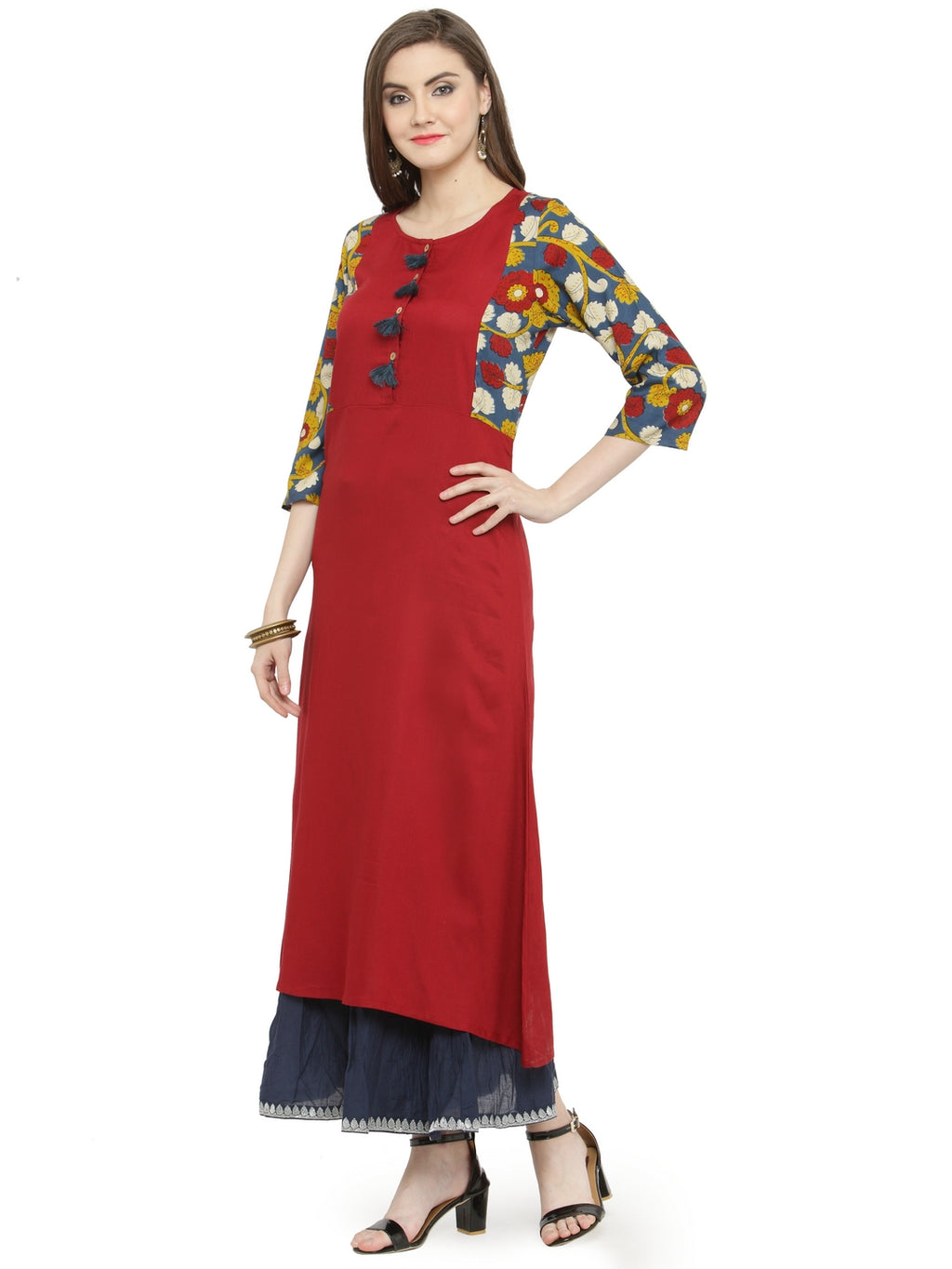 Red & Blue Kalamkari Hand Block Printed Rayon Sustainable Kurta