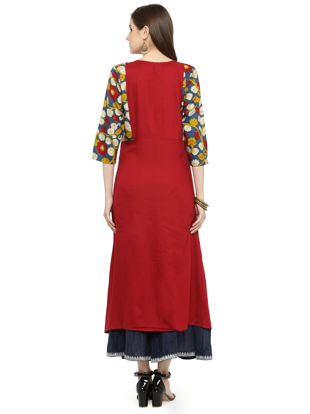 Red & Blue Kalamkari Hand Block Printed Rayon Sustainable Kurta