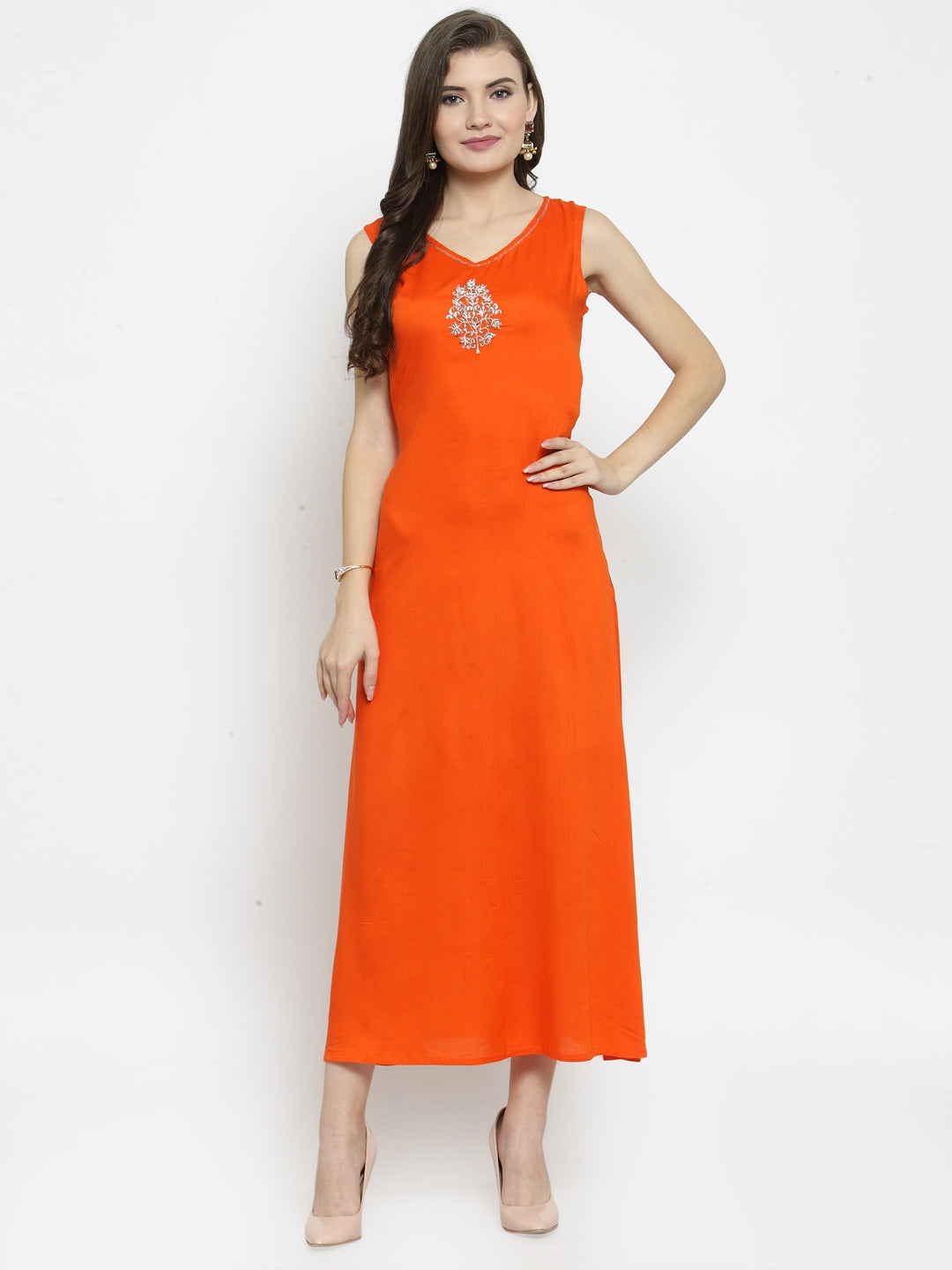 Orange Hand Embellished Rayon Maxi Dress