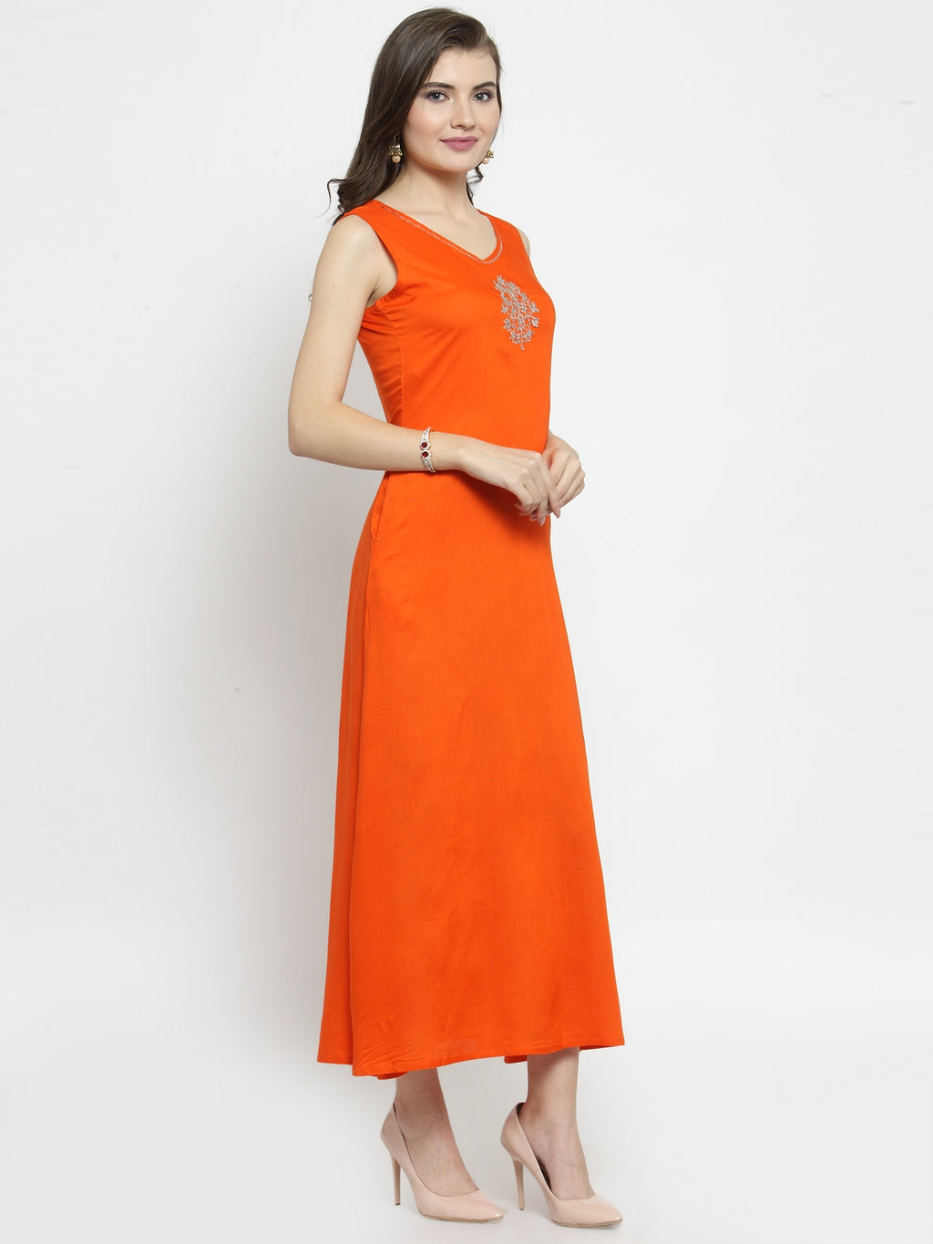 Orange Hand Embellished Rayon Maxi Dress