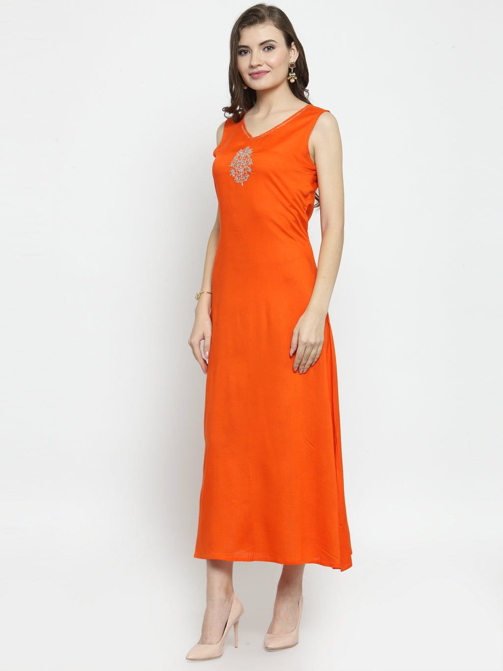 Orange Hand Embellished Rayon Maxi Dress