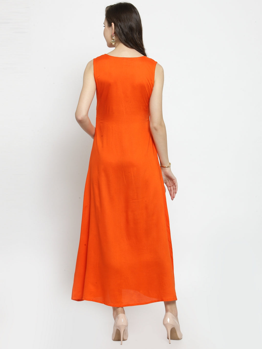 Orange Hand Embellished Rayon Maxi Dress
