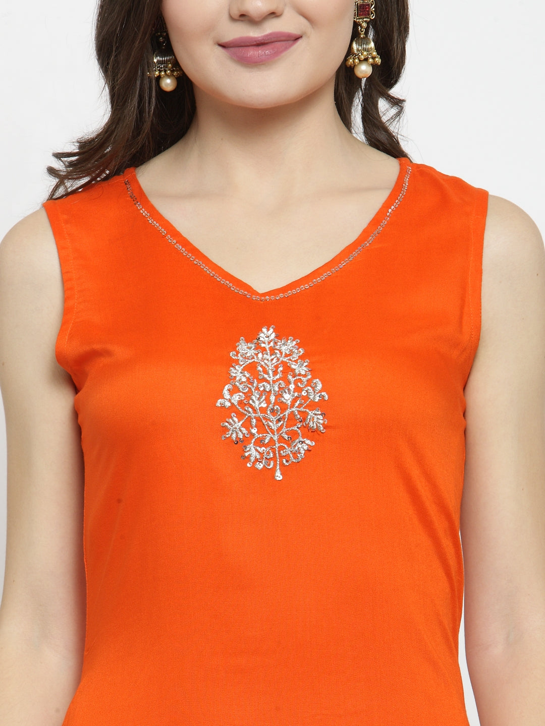 Orange Hand Embellished Rayon Maxi Dress