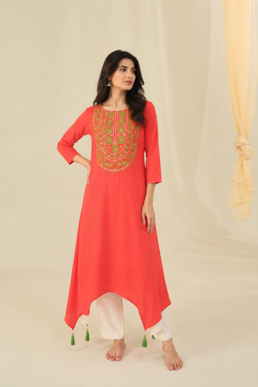Orange Hand Embroidered Asymmetrical Rayon Kurta