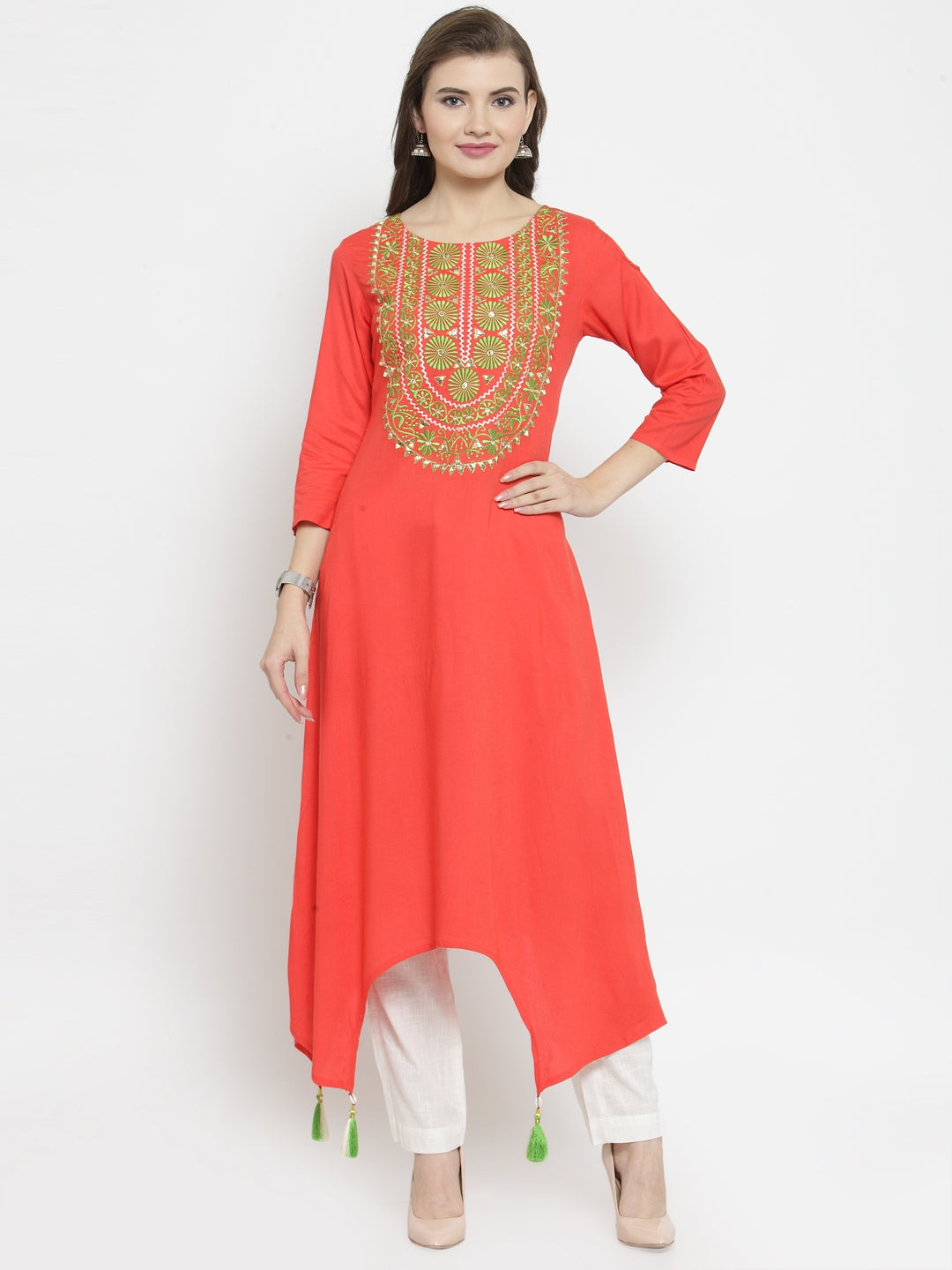 Orange Hand Embroidered Asymmetrical Rayon Kurta