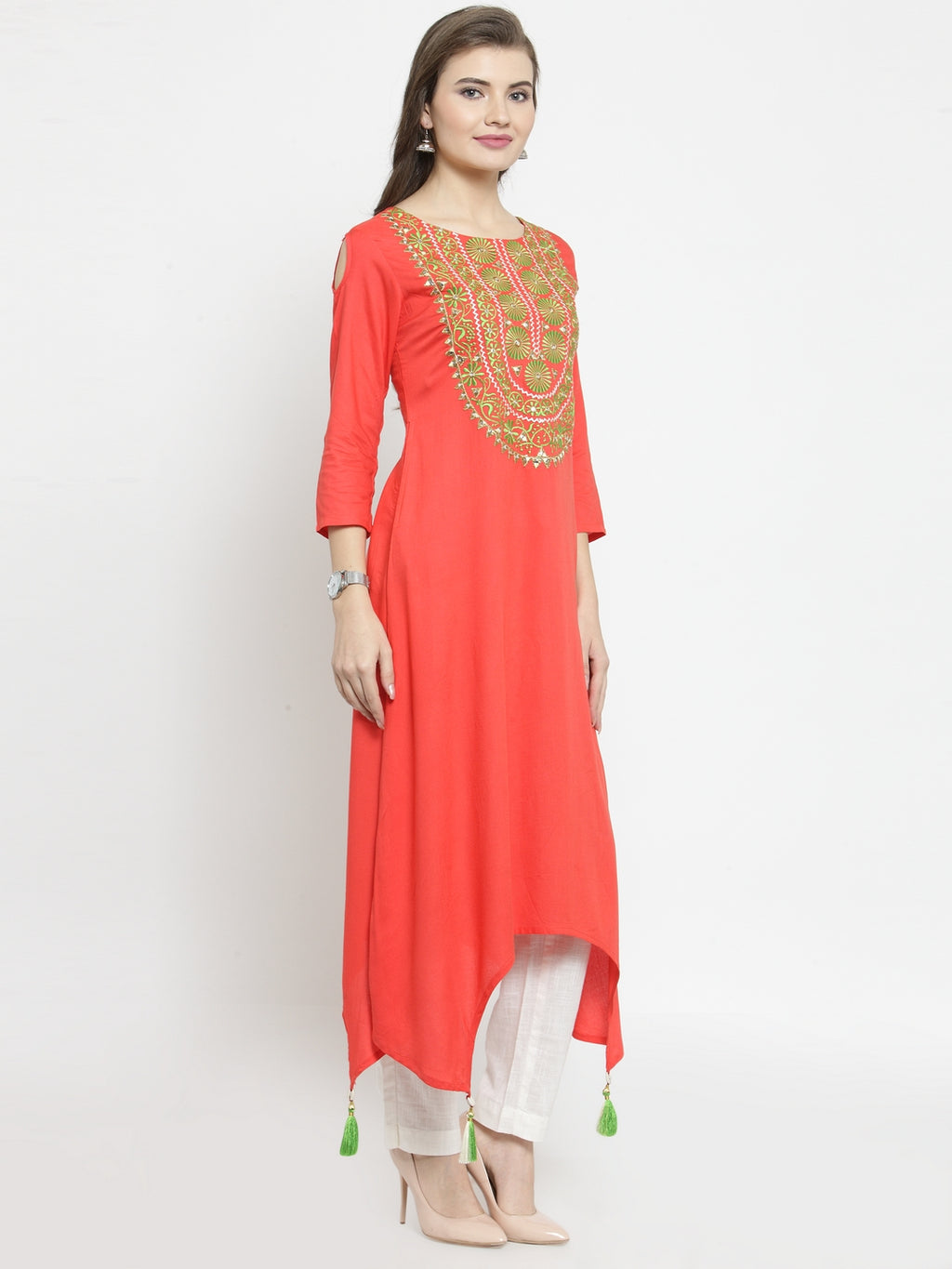 Orange Hand Embroidered Asymmetrical Rayon Kurta
