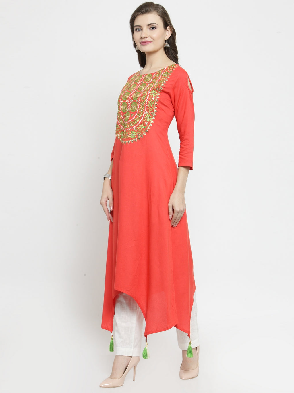 Orange Hand Embroidered Asymmetrical Rayon Kurta