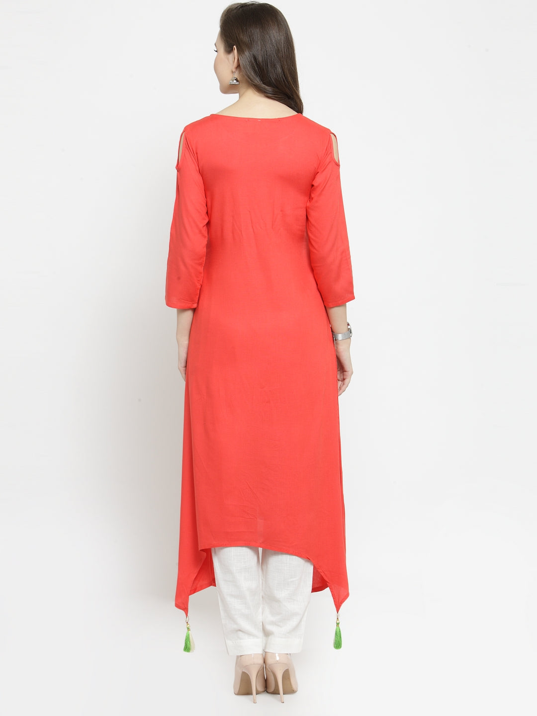 Orange Hand Embroidered Asymmetrical Rayon Kurta