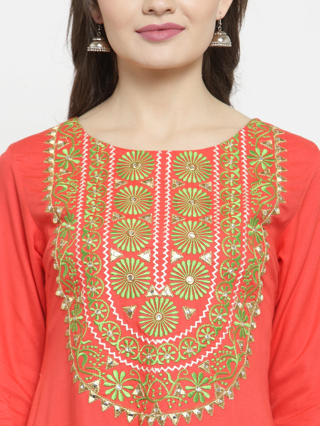 Orange Hand Embroidered Asymmetrical Rayon Kurta
