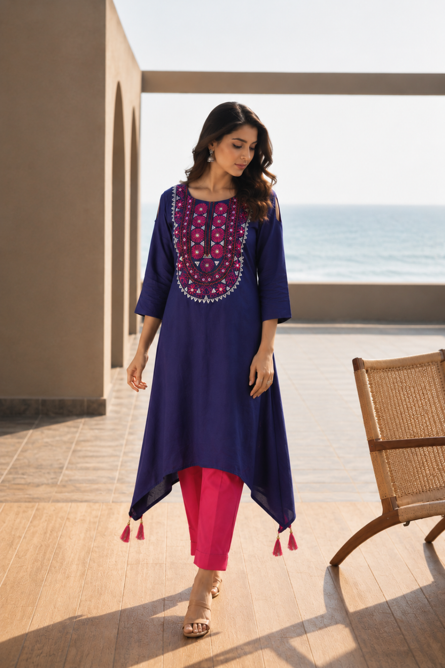 Blue Hand Embroidered Asymmetrical Rayon Kurta