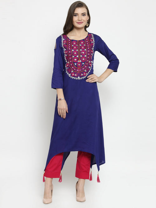 Blue Hand Embroidered Asymmetrical Rayon Kurta