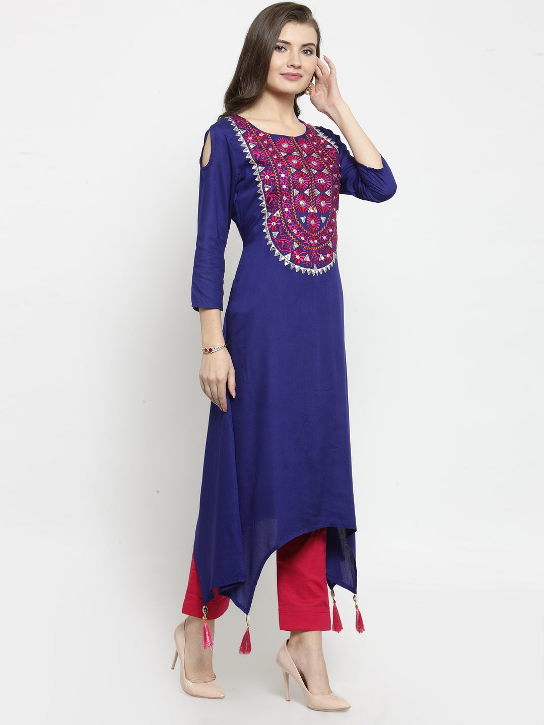 Blue Hand Embroidered Asymmetrical Rayon Kurta