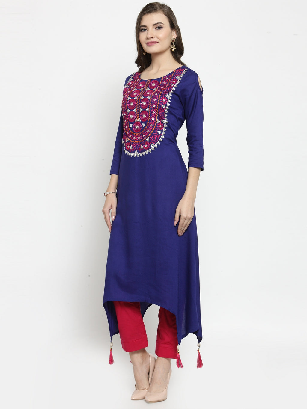 Blue Hand Embroidered Asymmetrical Rayon Kurta