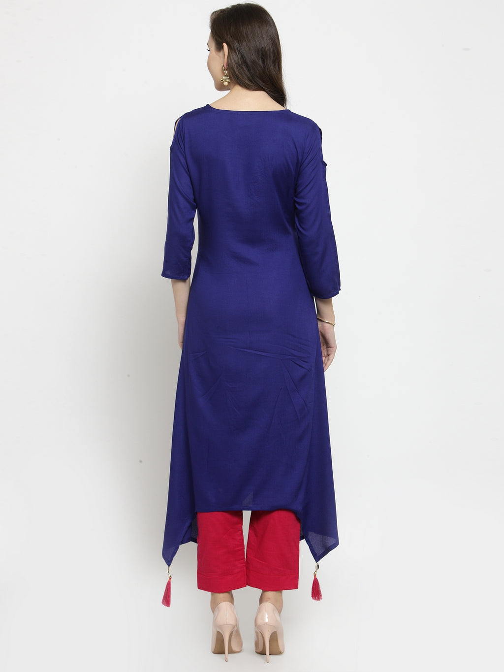 Blue Hand Embroidered Asymmetrical Rayon Kurta
