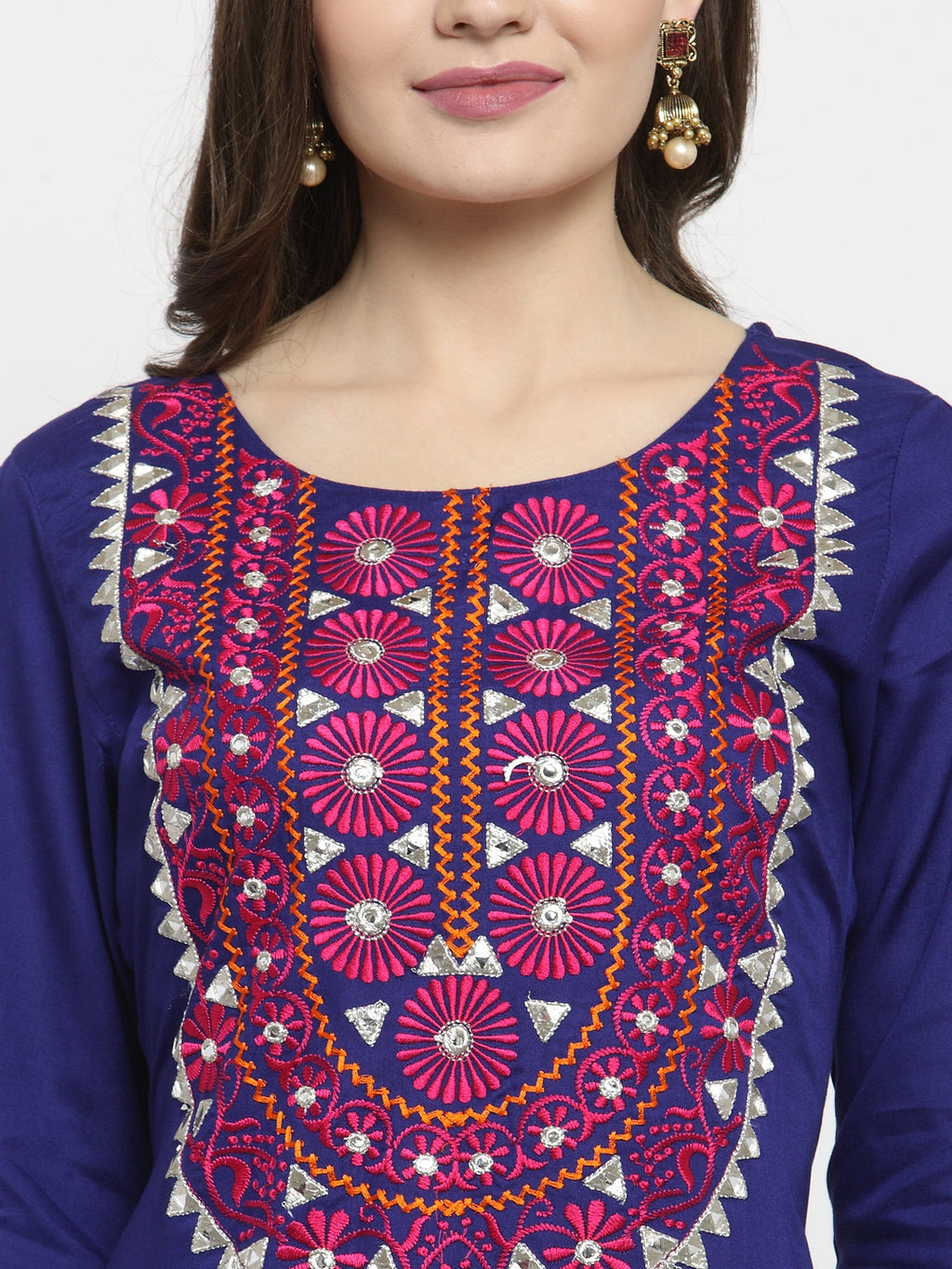 Blue Hand Embroidered Asymmetrical Rayon Kurta