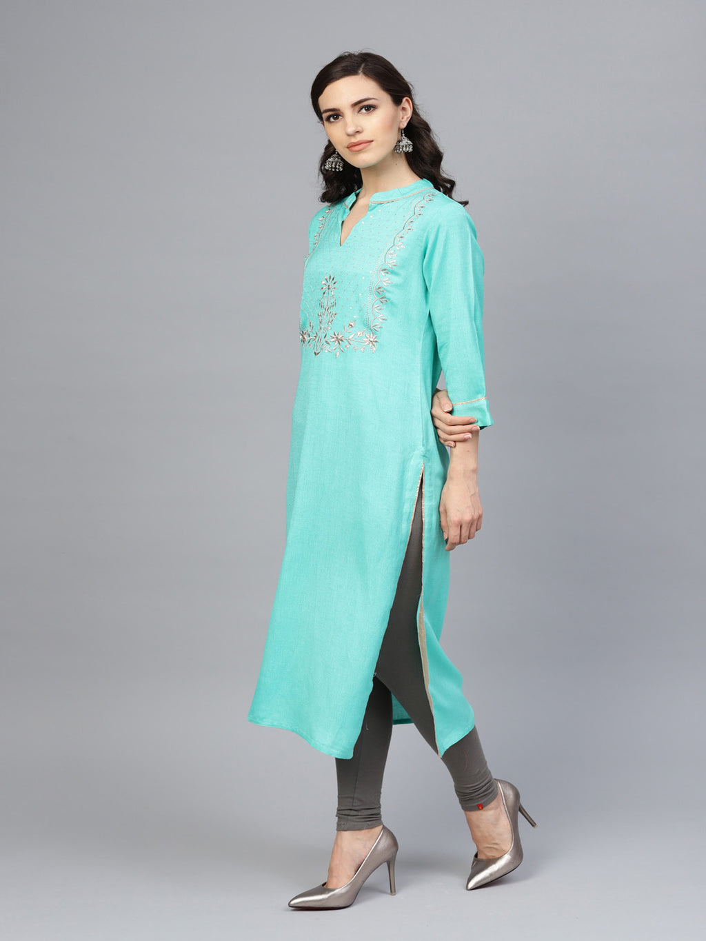 Sea Green Hand Embroidered Straight Rayon Kurta