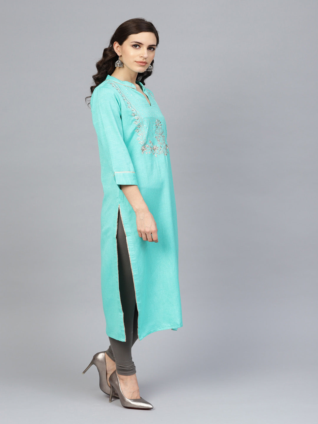Sea Green Hand Embroidered Straight Rayon Kurta
