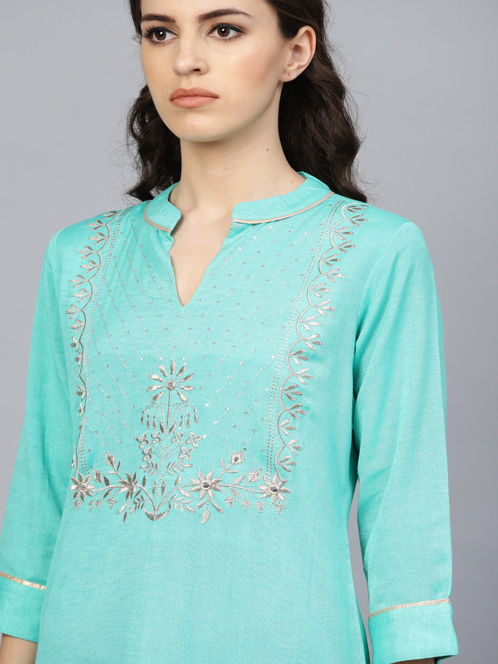 Sea Green Hand Embroidered Straight Rayon Kurta