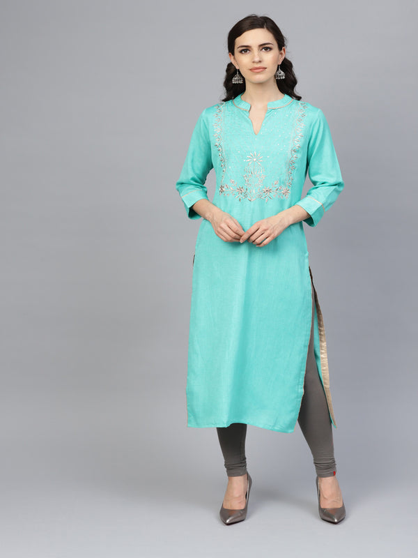 Sea Green Hand Embroidered Straight Rayon Kurta