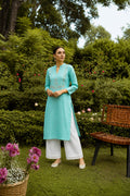 Sea Green Hand Embroidered Straight Rayon Kurta