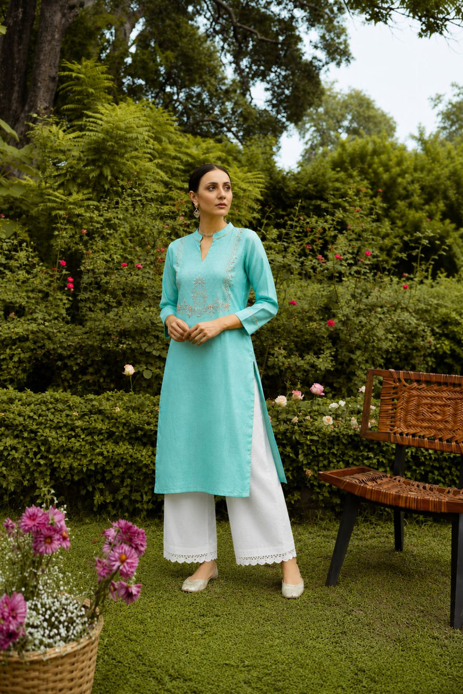 Sea Green Hand Embroidered Straight Rayon Kurta