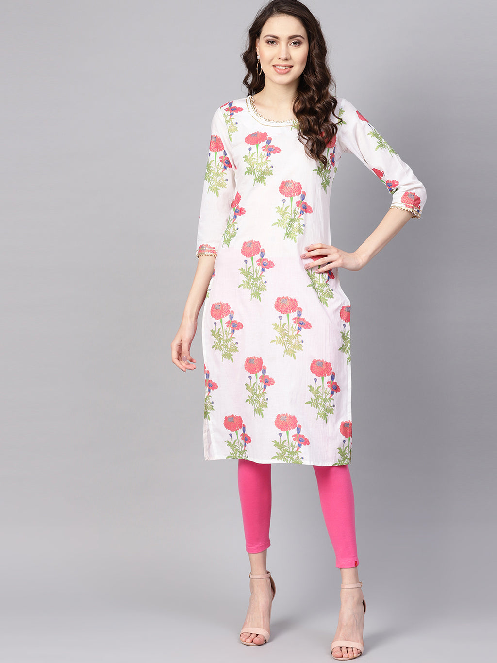 White Hand Block Printed Straight Cotton Kurta