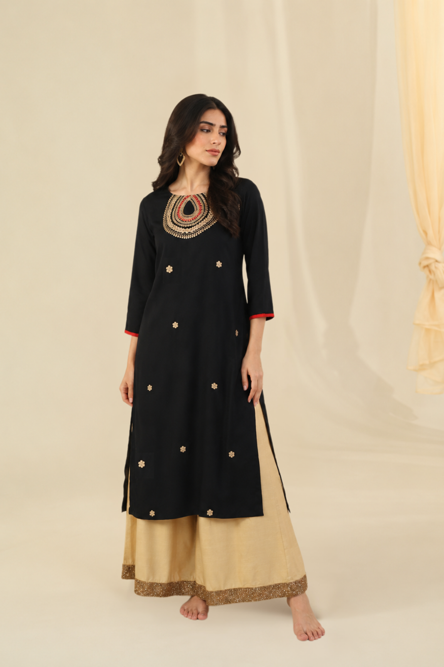 Black Hand Embroidered Straight Rayon Sustainable Kurta