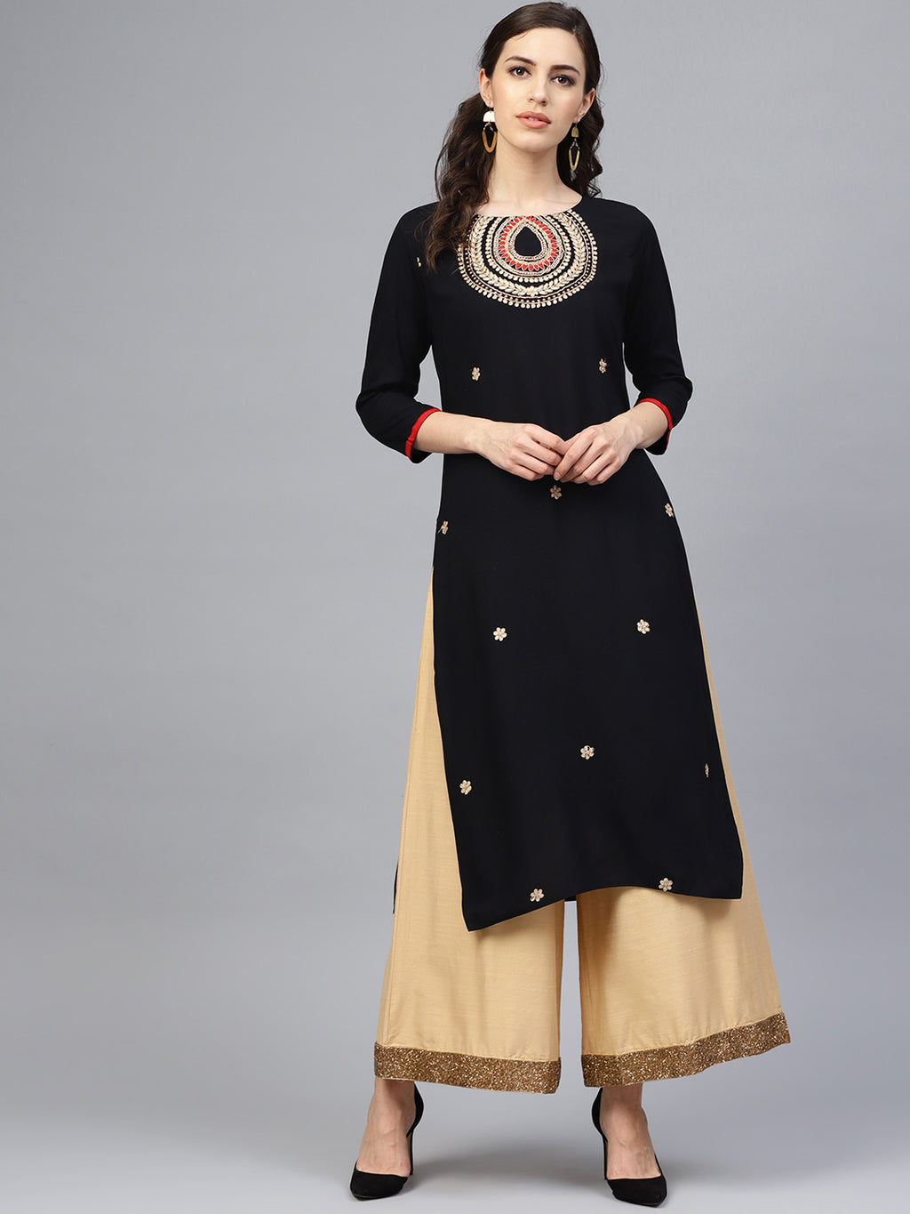 Black Hand Embroidered Straight Rayon Sustainable Kurta