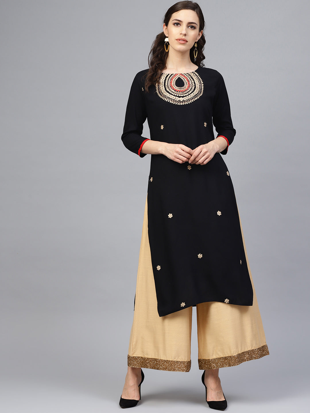 Black Hand Embroidered Straight Rayon Sustainable Kurta