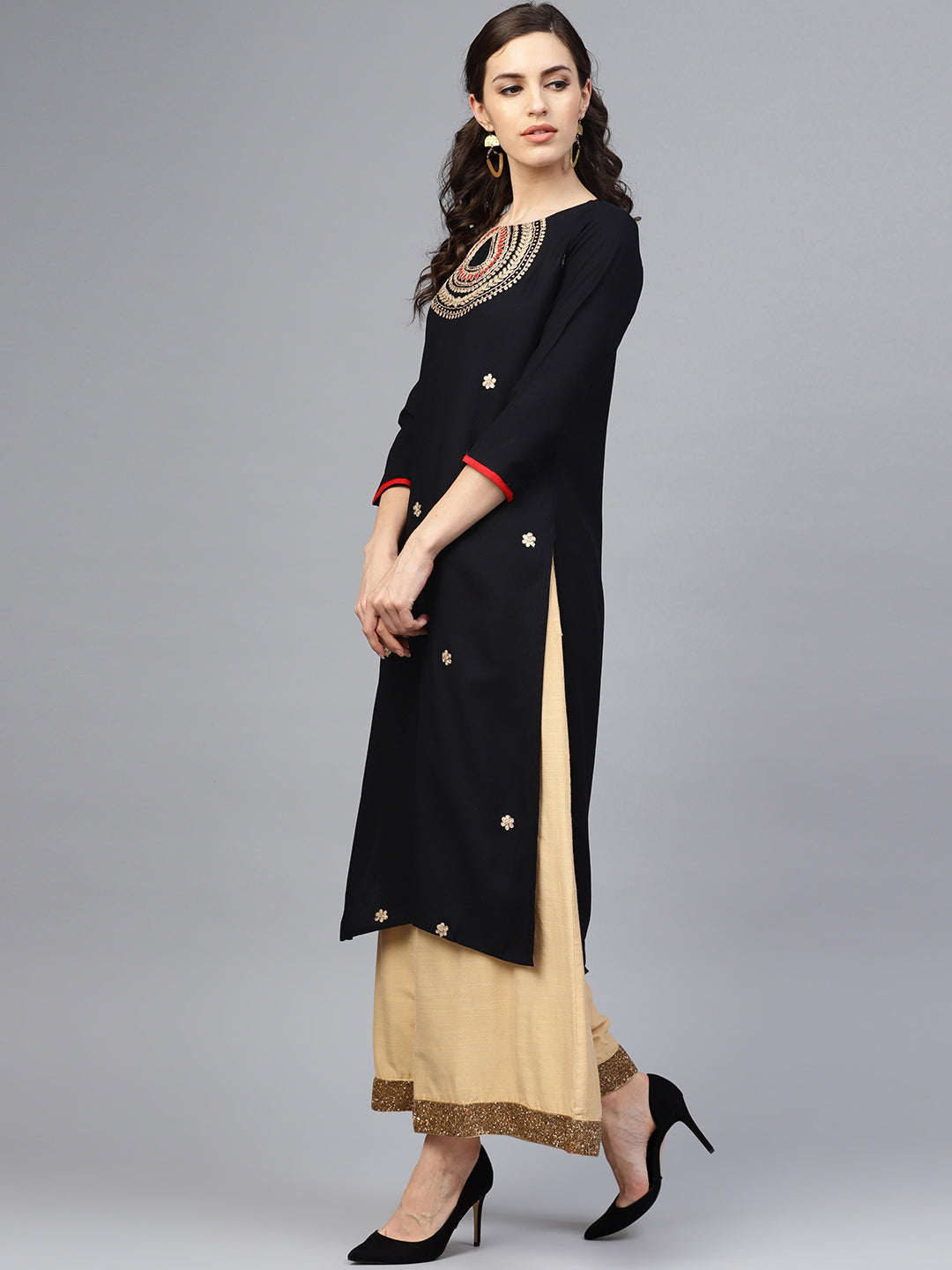 Black Hand Embroidered Straight Rayon Sustainable Kurta